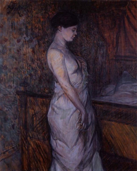 Woman in a Chemise Standing by a Bed